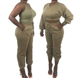 3 Piece Cropped Pullover, Jogger & Tank Top Set - DUSTY GREEN